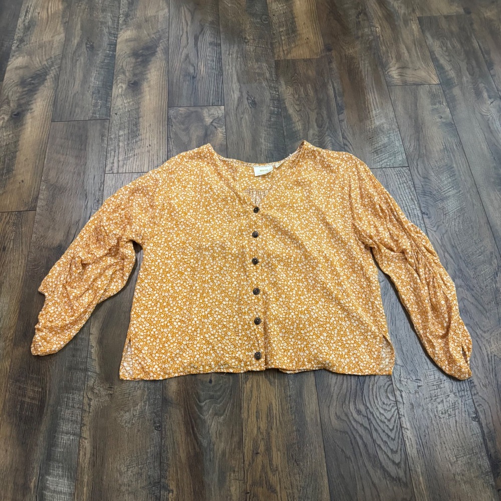 Maeve Anthropologie Mustard Floral Button Front Blouse M Balloon Sleeve Boho